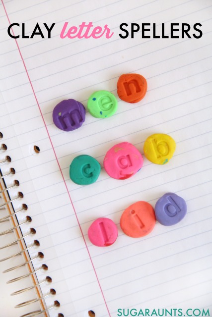 Make clay letters with alphabet stamps and use them in spelling words, decodable reading, word building, letter identification, and alphabetical order activities for multi- age learning ideas and hands-on learning in this fine motor work learning and play idea for kids. 