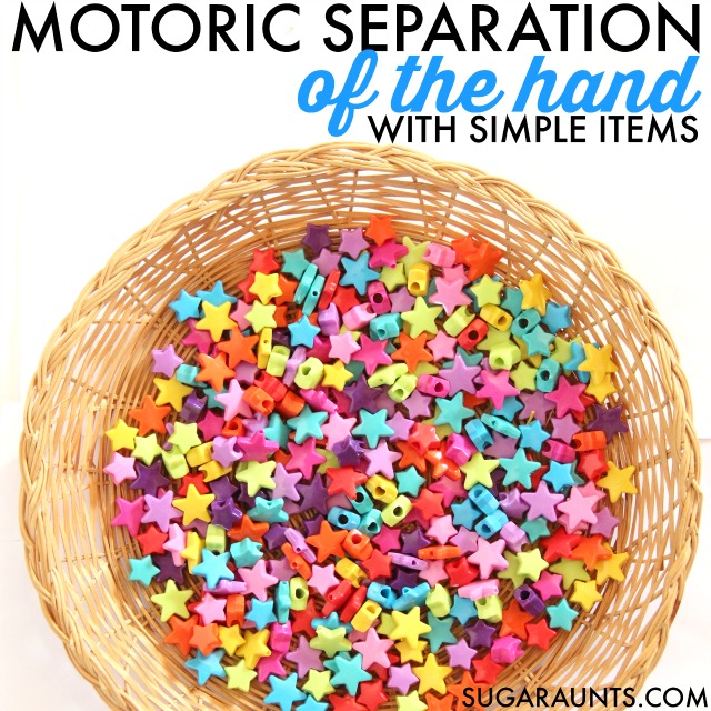 Motoric separation of the two sides of the hand is needed for precision in fine motor tasks, including activities that require in-hand manipulation. Simple ideas to help work on this important fine motor skill.