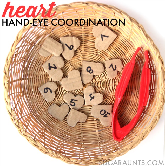 Hand-Eye Coordination Valentines Heart activity for math activities with Kindergarten kids or any school aged child. These jumbo tongs are great for visual motor integration skills and recommended by an Occupational Therapist.