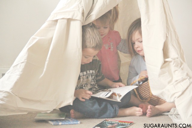 How to make a teepee for indoor play that kids will love for a reading nook or pretend play space. I love it for a sensory calm down space!
