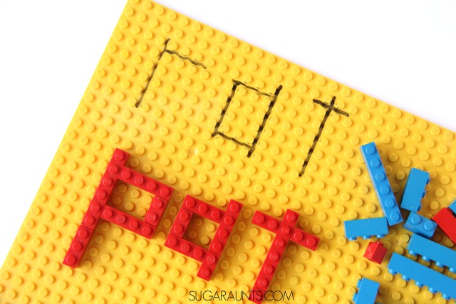 Use LEGOS to build words! This is perfect for Kindergarten and early readers who are learning to build words by sounding out and blending letters, and has great fine motor benefits, too.