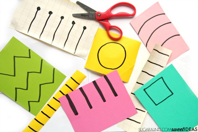 Scissor skills activities for kids.  These are developmental ways to practice scissor skills and teaching kids to cut on the lines.  Also, all of the skill areas needed in order for kids to accurately cut lines and shapes.