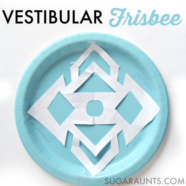 Super easy and SO fun Vestibular Frisbee activity for indoor play this winter.  Get the kids moving!