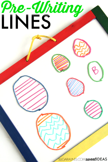 Pre-writing lines activity to help kids work on handwriting lines and pencil control with an Easter egg theme.