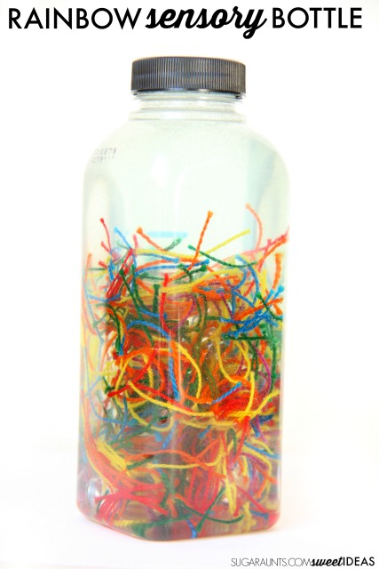 Rainbow sensory bottle is a sensory friendship activity for kids.