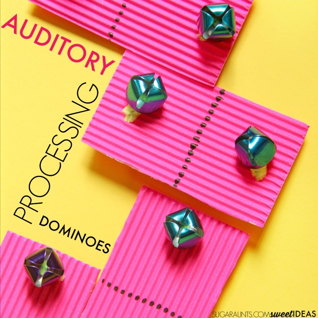 Auditory processing dominoes made with bells are perfect for a color matching activity, and can be graded to meet the auditory needs of all ages.