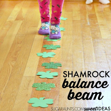 Try this Shamrock St. Patricks Day balance beam for vestibular sensory input.