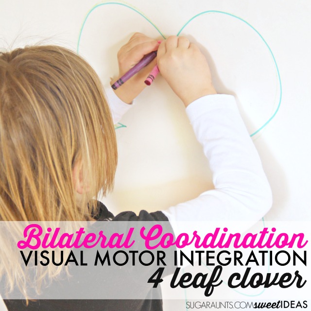 Bilateral coordination activity with a clover theme works on visual motor coordination, kinesthetic sense, peripheral vision for improved gross motor and fine motor bilateral activities.
