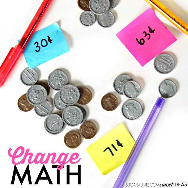 Counting coins math for kids, including making change and fine motor skills with hands on coin counting math.