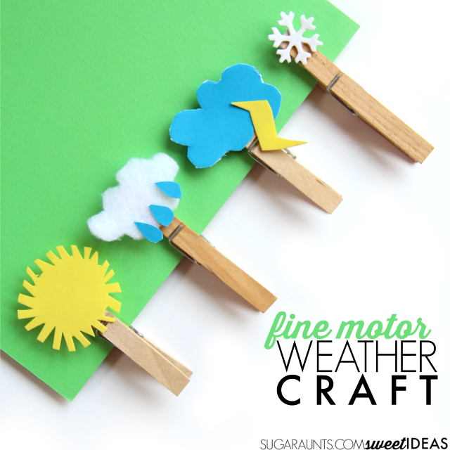 Fine motor weather craft with clothes pins. These are great for a creative writing journal prompt based on weather and a warm up exercise before handwriting. 
