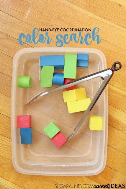 Use kitchen tongs to work on the lumbrical intrinsic muscles of the hands to build strength in handwriting, using tongs for this color search and hand eye coordination activity for kids.
