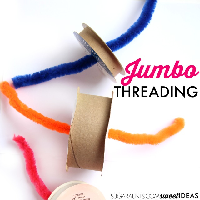 Use large pipe cleaners and recycled ribbon spools to work on fine motor skills on a large scale.