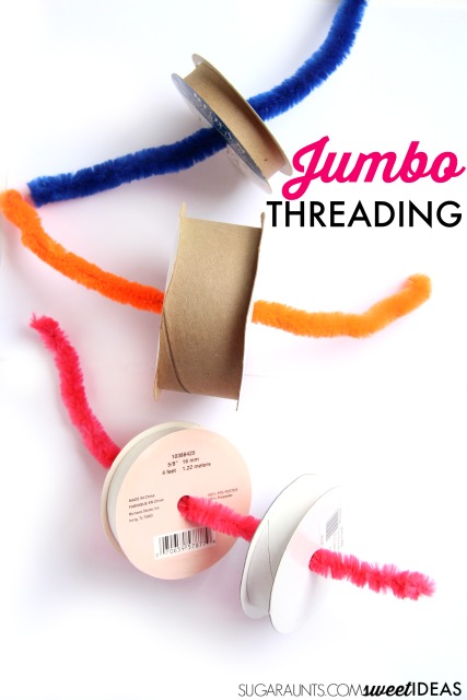 Use large pipe cleaners and recycled ribbon spools to work on fine motor skills on a large scale.