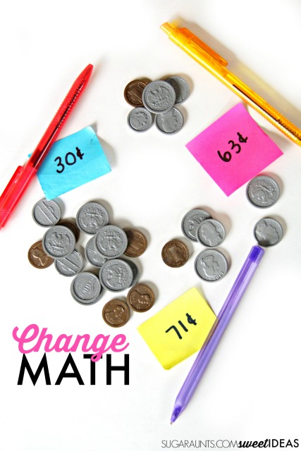 Counting coins math for kids, including making change and fine motor skills with hands on coin counting math.