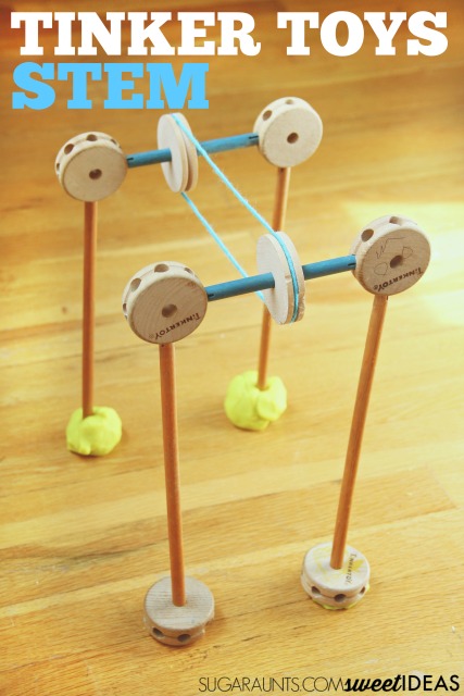 Construye un sistema de poleas de Tinker Toys y explora los conceptos STEM en el aprendizaje con los niños.