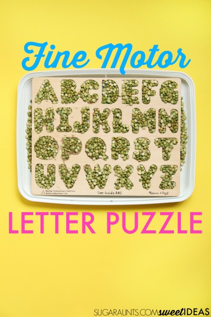 Work on fine motor skills like in-hand manipulation with a wooden letter puzzle.  You can do this with any puzzle and work on things like letter identification, letter formation, numbers, animals, or shapes. Perfect for preschool or toddler activities.