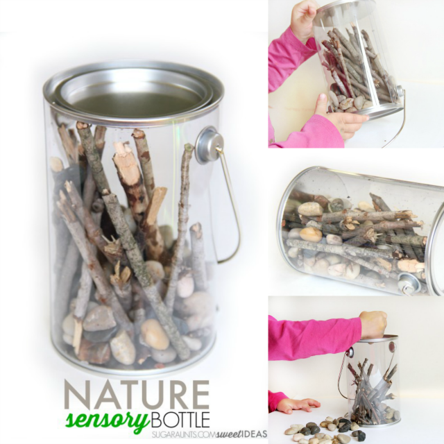 Try this calming nature sensory bottle for proprioceptive and auditory sensory input using nature items from your own backyard! Kids will love to help make it while working on fine motor skills.