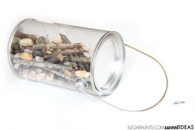 Try this calming nature sensory bottle for proprioceptive and auditory sensory input using nature items from your own backyard! Kids will love to help make it while working on fine motor skills.