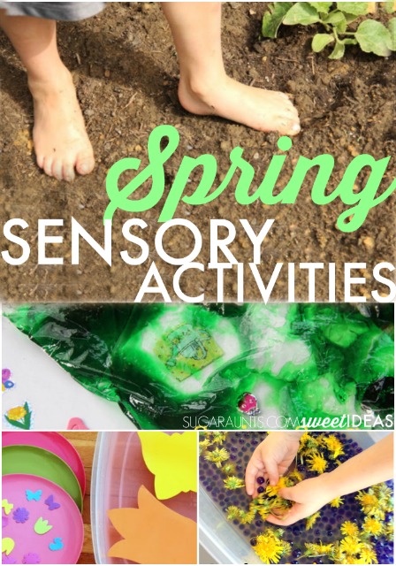 Easy Spring-themed sensory ideas for tactile sensory play, sensory processing, proprioception, scented sensory play, and more.  Easy set-up and mess-free with easy clean up ideas for sensory activities.