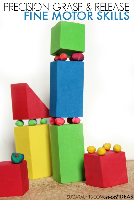 Help kids build their fine motor skills especially precision of grasp and release with this foam block and clay math engineering activity that addresses shapes and vertices.