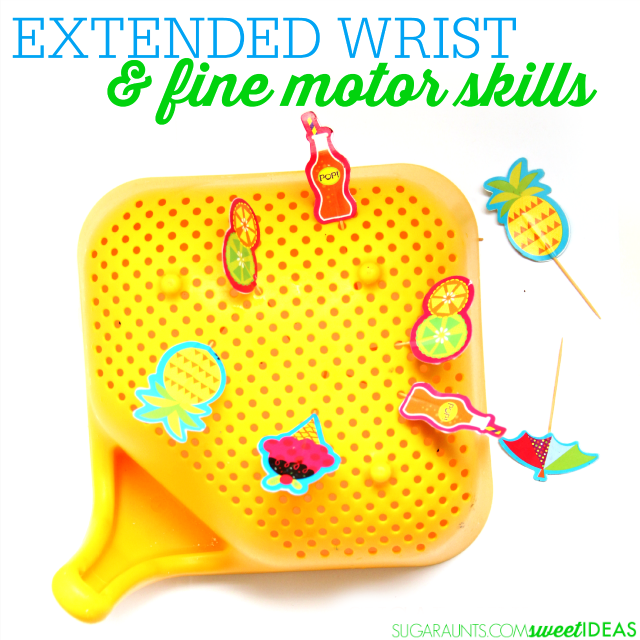 Super easy fine motor activity for improving an extended wrist and tripod grasp for kids, using household items like a colander and toothpicks.