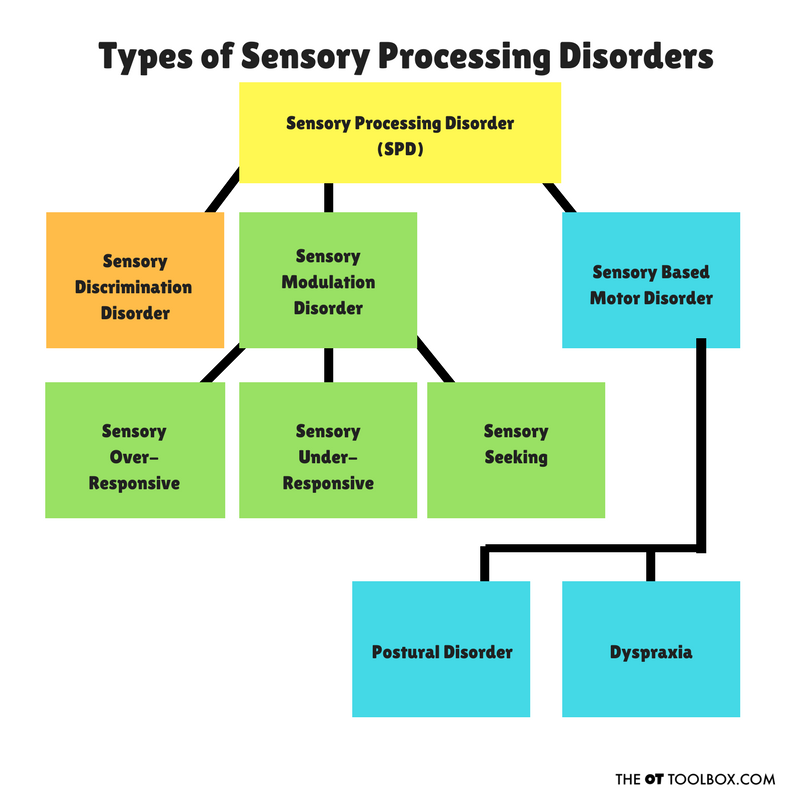 Types of sensory processing disorders in a printable sensory processing disorder chart.