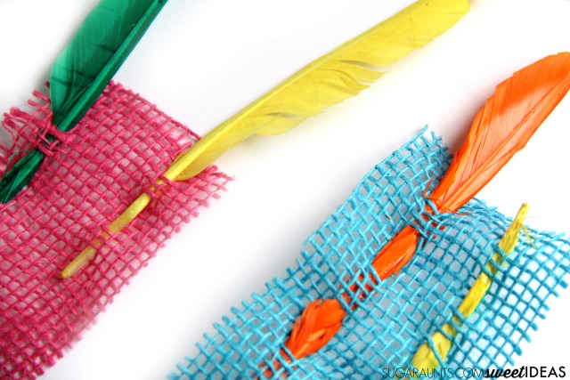 Feather and burlap fine motor activity for kids
