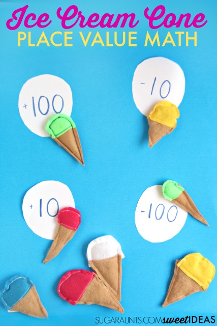Bolsas de frijoles con forma de cono de helado para trabajar el valor posicional y sumar decenas y centenas con matemáticas mentales, perfecto para las habilidades matemáticas de segundo grado.