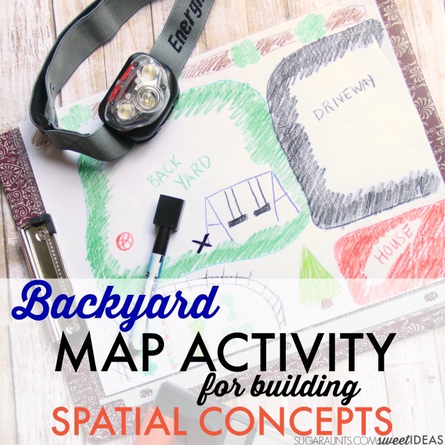 This map activity is great for building and developing spatial concepts and higher level thinking right in the backyard, using a map and lights to develop spatial relations.