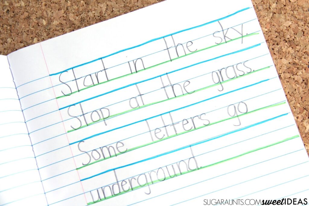 Use the sky ground technique of writing to help kids improve legibility through imporved line awareness, letter formation, and letter size.