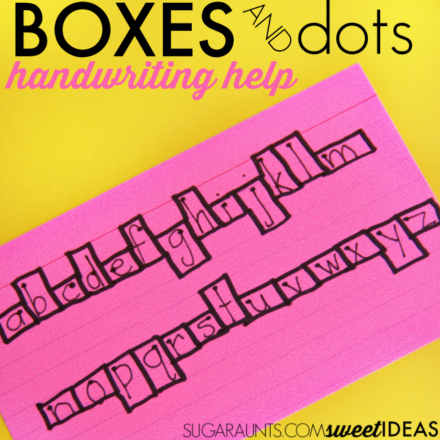 Use a visual cue of boxes and starting dots to work on letter formation, line awareness, space awareness, and size awareness of letters when teaching kids to write.