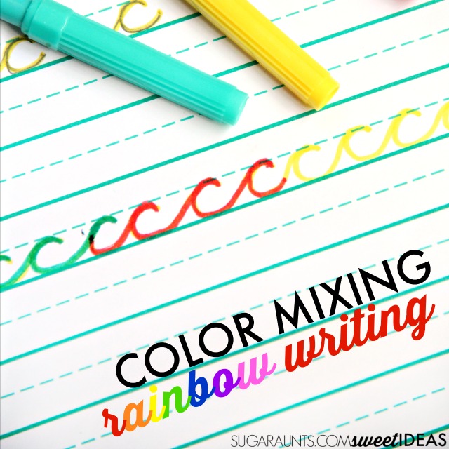 Color mixing rainbow writing activity for helping kids with letter formation