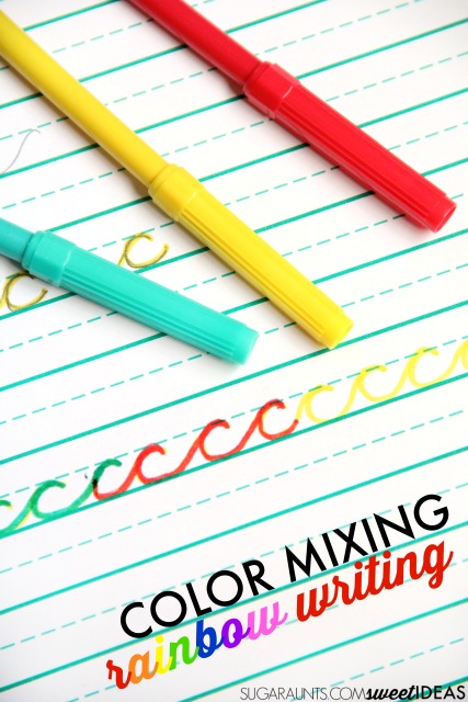 Color mixing rainbow writing activity for helping kids with letter formation