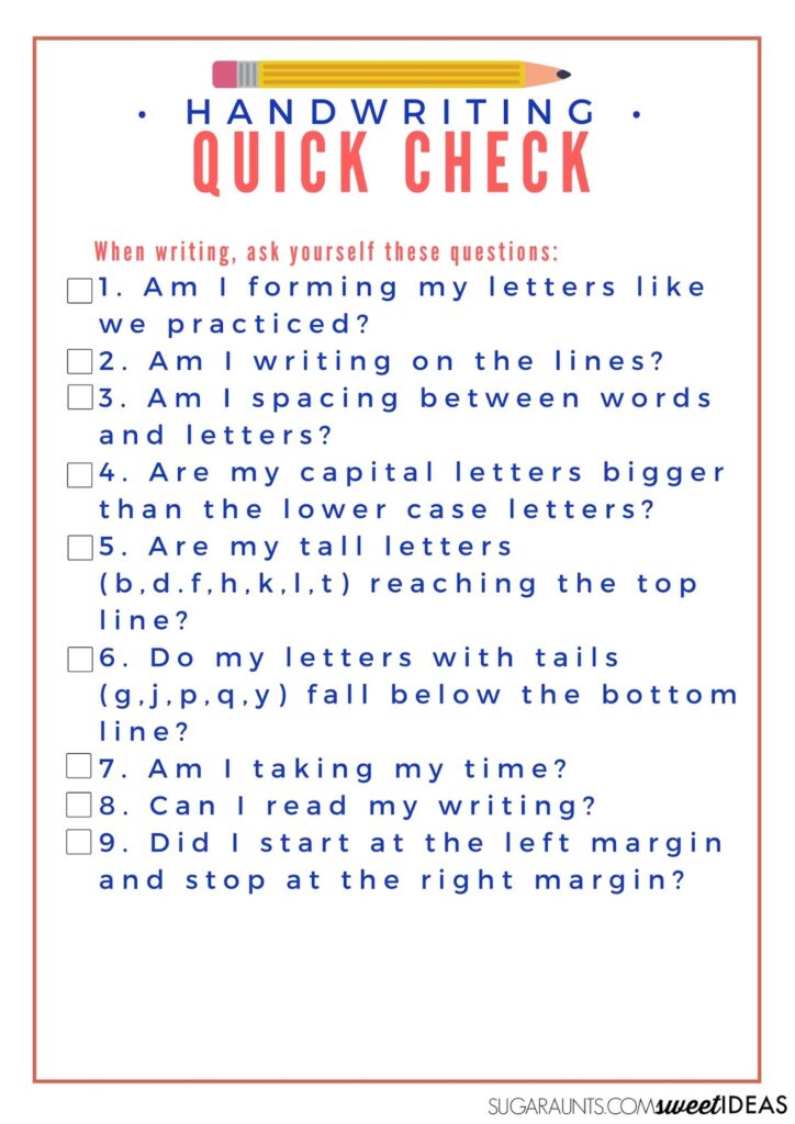 Kids can self-monitor their handwriting with this quick self-checklist for home and in the classroom.