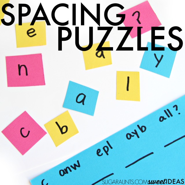 Rompecabezas de conciencia espacial para ayudar a los niños a abordar las habilidades de percepción visual necesarias para espaciar las letras y las palabras al escribir.