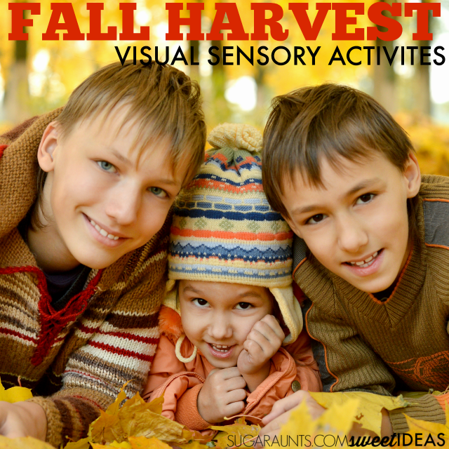 Actividades sensoriales de procesamiento visual de otoño con un tema otoñal o de cosecha.