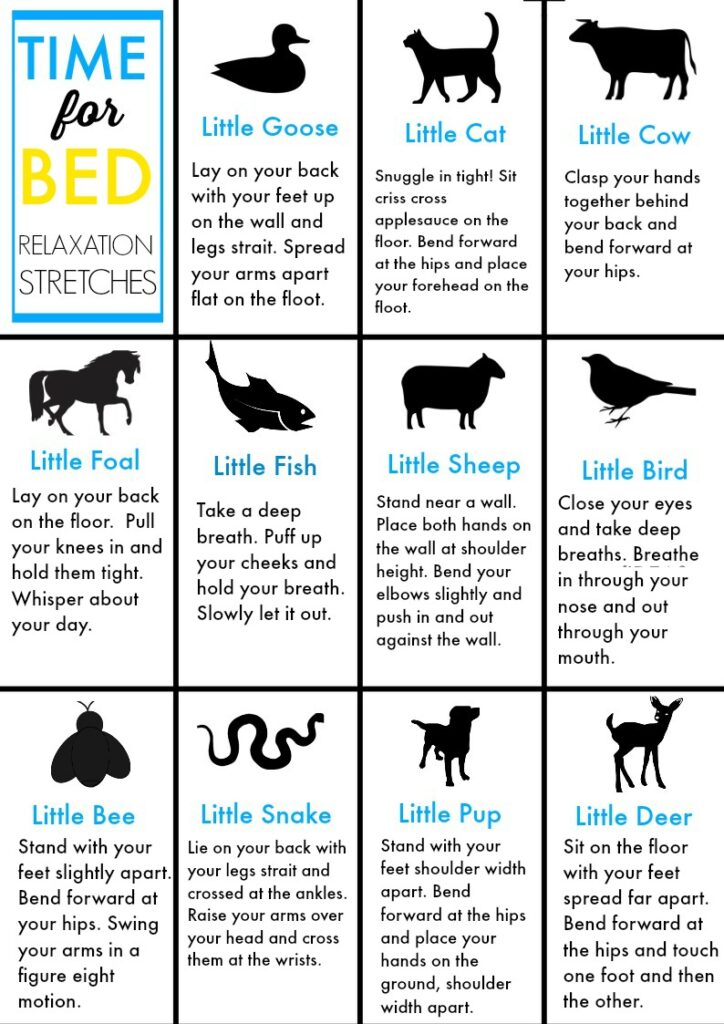 Easy bedtime relaxation stretches that will help kids calm down before bed.