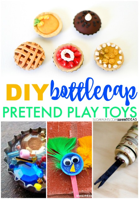 DIY bottle cap toys would be fun for pretend play with kids.