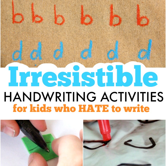 Irresistible handwriting activities that kids will love including sensory handwriting ideas, creative letter formation activities, and gross motor letter writing ideas.  Kids who hate to write will love these ideas!