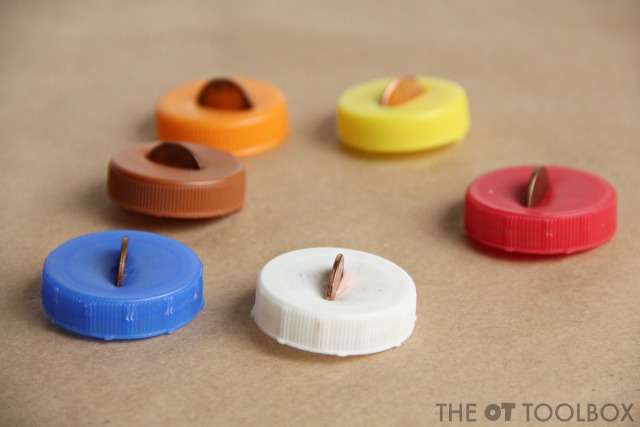 Spinning tops with bottle caps and pennies