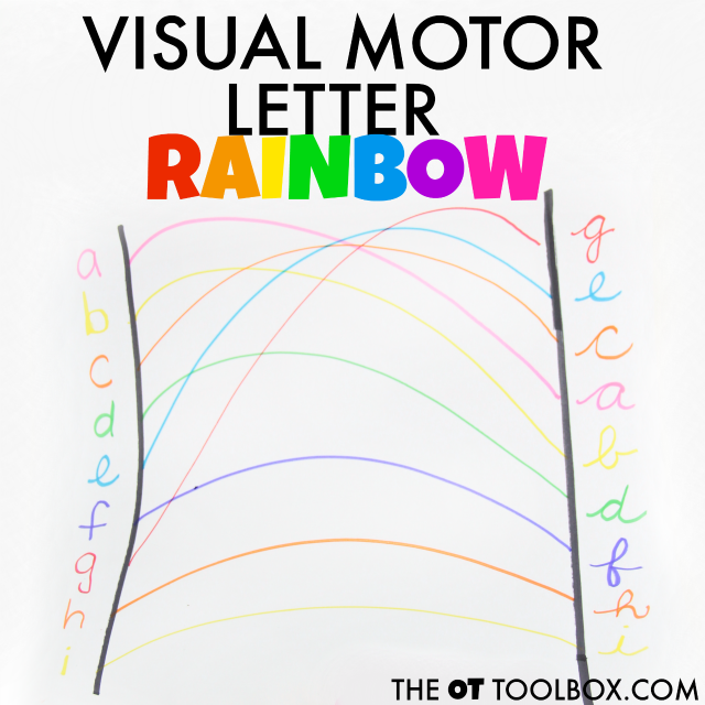 Utiliza los colores del arco iris para trabajar las habilidades necesarias para la escritura a mano con una actividad motriz visual de las letras del arco iris.