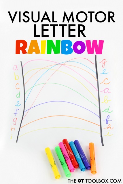 Trabaja el cruce de la línea media y la identificación de las letras para relacionarlas con las letras cursivas con un arco iris.
