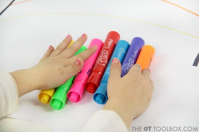 Use scented markers for a multisensory learning approach to crossing the midline and matching letters.