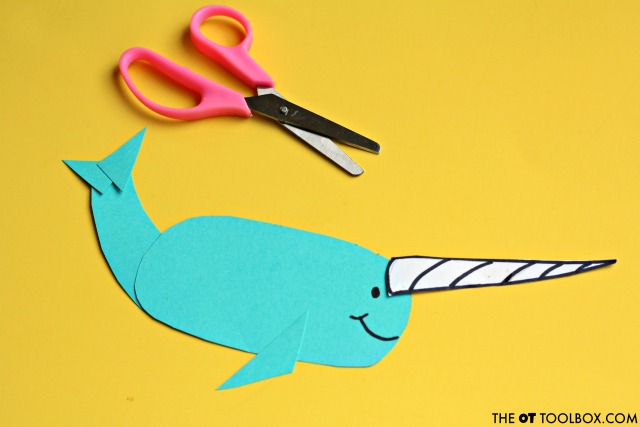 Use an ocean theme narwhal craft to work on scissor skills with kids.