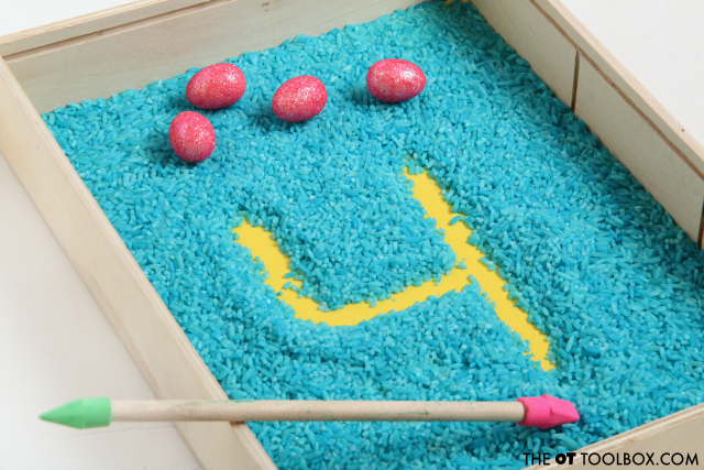 Use erasers or small toys in an easy rice writing tray to help kids learn how to write numbers.
