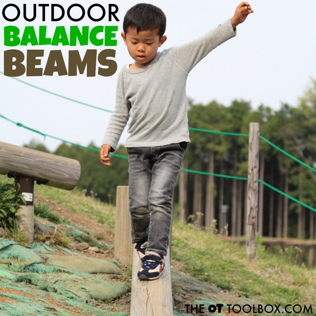 Try these outdoor balance beam ideas to help kids work on sensory needs, vestibular sensory input, and gross motor skills like core strength and balance. 