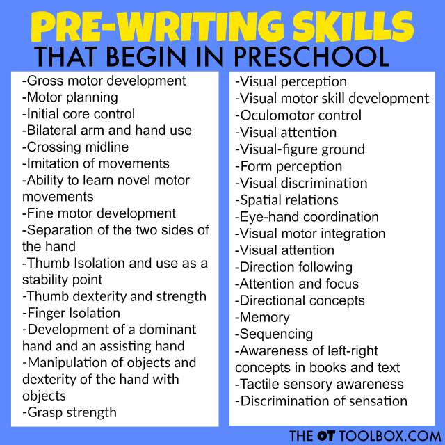 Pre-writing skills start to develop in preschool aged kids.