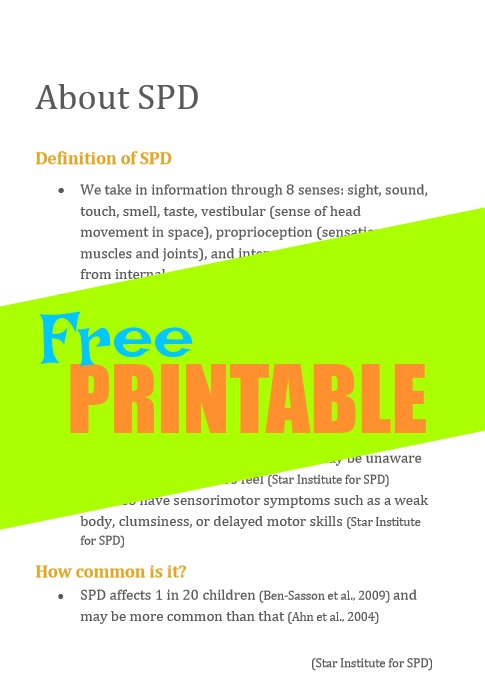Free printable booklet about SPD for parents, teachers, or anyone who works with kids with sensory processing disorder