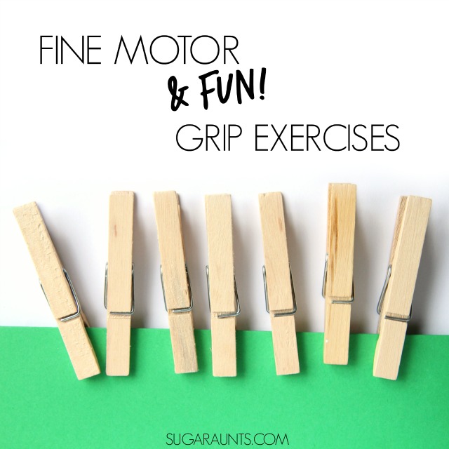 Fine motor pinch grips and exercises to work on them using clothes pins, from an Occupational Therapist.