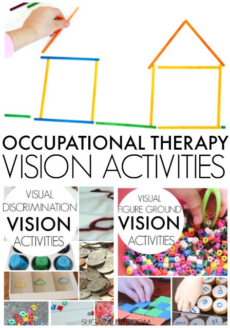 Activities, tips,and ideas for Occupational Therapy vision therapy and visual perceptual integration skills in children.  Parents and teachers of students with low-vision or visual processing difficulties will find many ideas here.  Occupational Therapists can use this as a resource in treatment with pediatrics.